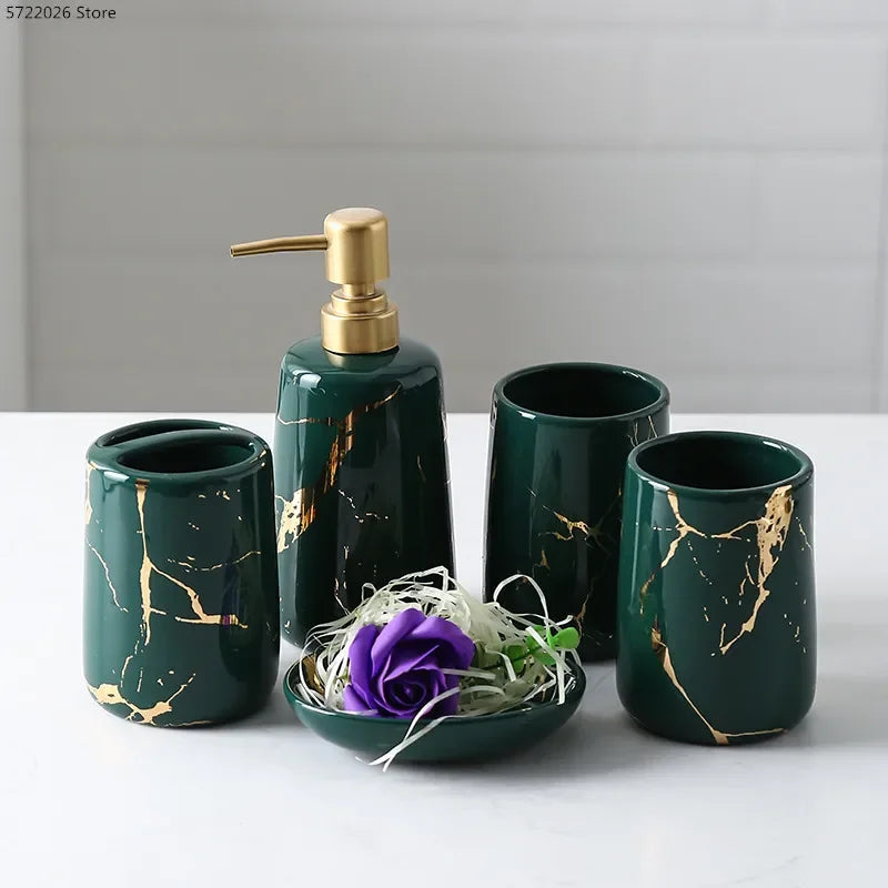 Ceramic Toiletries Bathroom Set Marble Porcelain Cup Toothbrush Holder / Soap Dispenser / Tray Bathroom Decoration Accessories