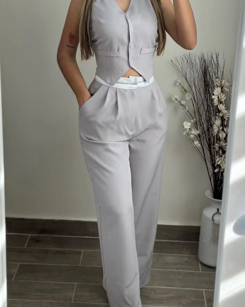 New Women'S Two-Piece 2024 Summer Casual Sexy Elegant V-Neck Twist Button Tank Top and Pocket Design Pants Set Women'S Set