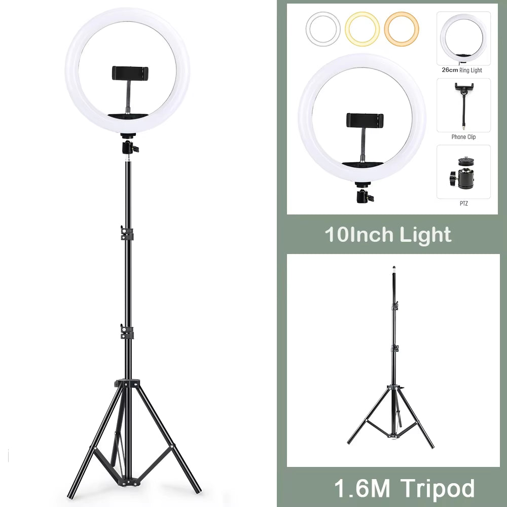 26CM LED Selfie Ring Light Multi-Function Dimmable Ring Light for Cell Phone Holder Camera Live Video Stream Makeup Youtube