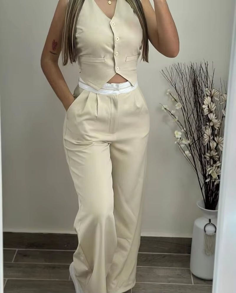 New Women'S Two-Piece 2024 Summer Casual Sexy Elegant V-Neck Twist Button Tank Top and Pocket Design Pants Set Women'S Set